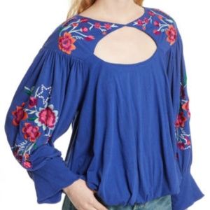 Free People Lita Embroidered Bell Sleeve Top Shirt